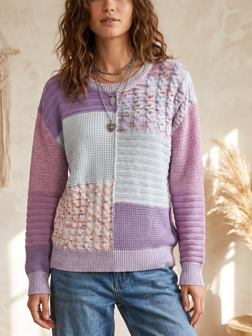 Time Tru Patchwork Textured Knit Sweater M Cottage Fairy Twee Kitsch Retro 90s